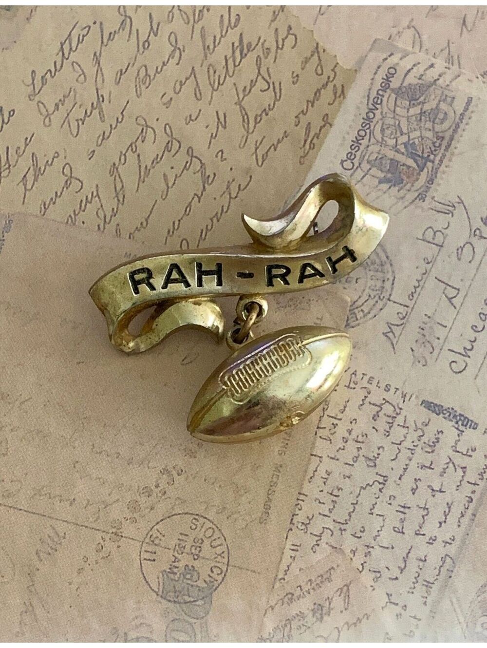 Vintage "Rah-Rah" Football Dangle Banner Brooch Pin